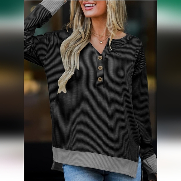 SHEWIN Womens Sweatshirt Casual Fall Tops for Women Trendy Button Henley Neck, M - Picture 2 of 6